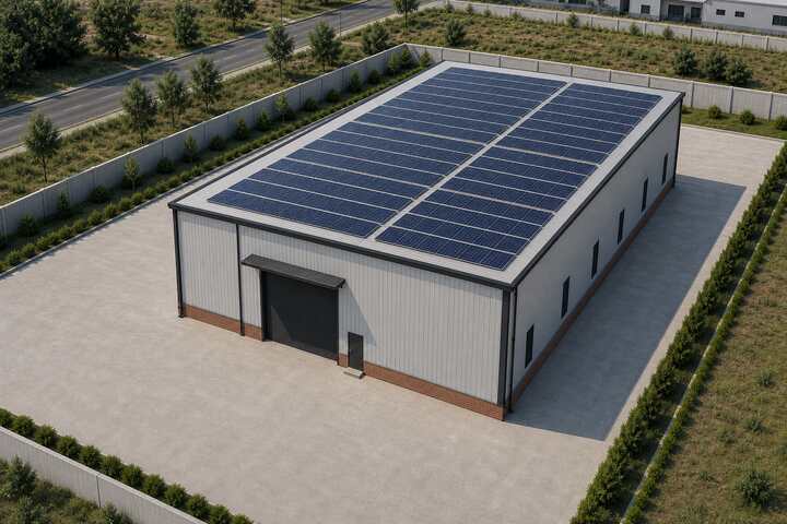 Aerial view of the Venus Pharma 55 by 80 foot PEB shed