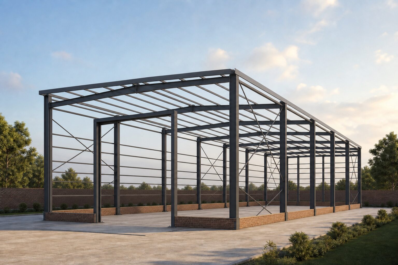 Bare steel structural frame of the Venus Pharma 55 by 80 foot PEB shed without PPGI sheets